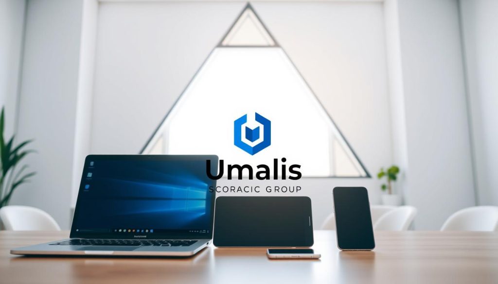 A modern office workspace with clean, minimalist aesthetic. In the foreground, an array of digital devices - a laptop, tablet, and smartphone - representing the core tools of social media management. The middle ground features a stylized Umalis Group logo, subtly integrated into the scene. In the background, a sleek, geometric window frame allows natural light to flow in, creating a warm, productive atmosphere. The overall composition conveys a sense of efficiency, organization, and the seamless integration of technology in contemporary social media practices.