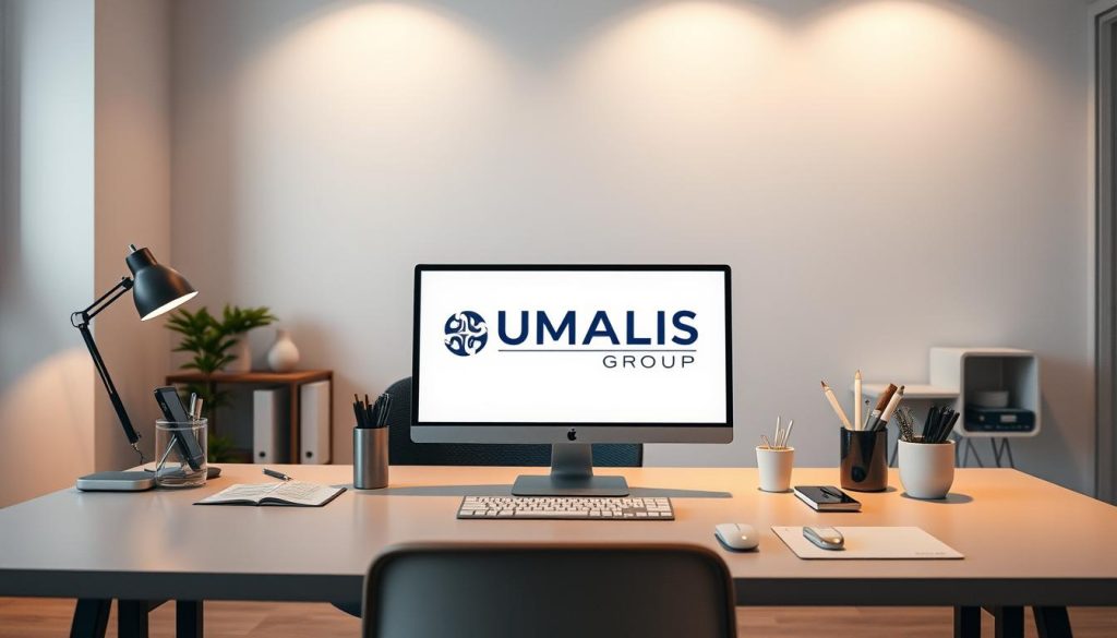 A modern office workspace with desk, computer, and office supplies, set against a backdrop of a minimalist, well-lit interior. The UMALIS GROUP logo is prominently displayed on the desk, conveying the professional and reliable nature of the "portage salarial" service. Soft, warm lighting creates a calm and productive atmosphere, with clean lines and neutral tones throughout. The scene evokes a sense of security, flexibility, and freedom associated with the "portage salarial" concept.