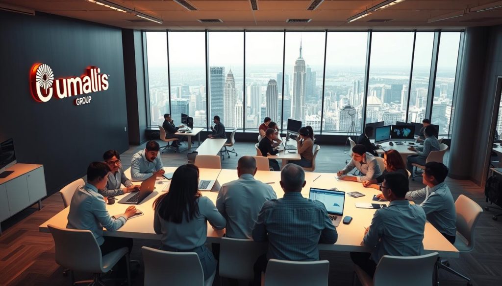 A modern open-plan office setting, filled with natural light and minimalist furnishings. In the foreground, a group of employees gathered around a large table, engaged in a lively discussion. The Umalis Group logo is prominently displayed on the wall behind them. In the middle ground, smaller teams collaborate at their workstations, using digital screens and whiteboards. The background features a panoramic view of a bustling city skyline, emphasizing the dynamic, forward-thinking nature of the Umalis Group's internal communication strategy. The lighting is warm and inviting, creating a sense of productivity and creativity. The overall atmosphere conveys a well-designed, collaborative work environment that supports effective internal communication.