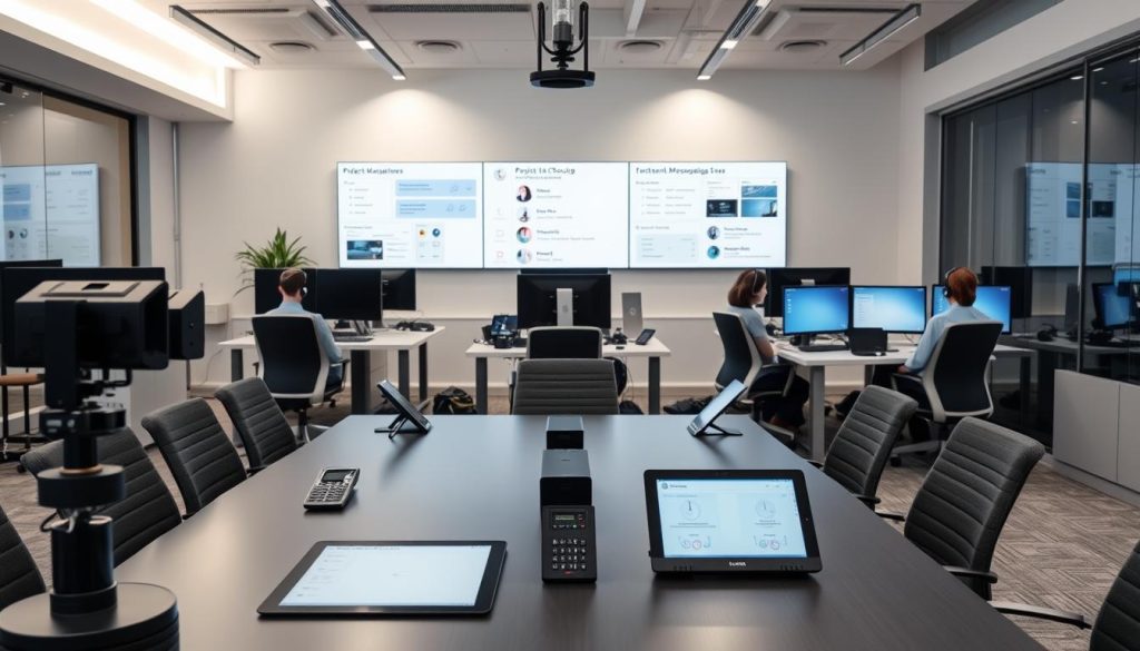 A modern open-plan office with an array of communication tools and collaboration interfaces. In the foreground, a sleek conference table with video conferencing cameras, speakerphones, and tablet devices for digital whiteboards. In the middle ground, ergonomic workstations with multiple monitors, headsets, and Umalis Group branded collaboration software interfaces. The background features a minimalist wall display showcasing project management dashboards and instant messaging channels. Soft, indirect lighting creates a focused, productive atmosphere.