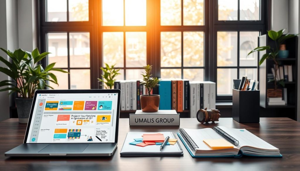 A modern, organized workspace showcasing essential freelance organizational tools. The foreground includes a stylish desk with a laptop open to a project management app, colorful Sticky Notes, and a high-quality planner. In the middle, a well-structured bookshelf displays self-help books and inspirational quotes, creating a scholarly backdrop. The background features a large window with warm, natural light flooding in, illuminating the scene. A small indoor plant adds a touch of greenery, enhancing the cozy atmosphere. The overall mood is productive and efficient, encouraging creativity. The setting is professional without any distractions, embodying the essence of the freelance lifestyle. Include the brand name "UMALIS GROUP" subtly placed on a desk accessory. A modern, organized workspace showcasing essential freelance organizational tools. The foreground includes a stylish desk with a laptop open to a project management app, colorful Sticky Notes, and a high-quality planner. In the middle, a well-structured bookshelf displays self-help books and inspirational quotes, creating a scholarly backdrop. The background features a large window with warm, natural light flooding in, illuminating the scene. A small indoor plant adds a touch of greenery, enhancing the cozy atmosphere. The overall mood is productive and efficient, encouraging creativity. The setting is professional without any distractions, embodying the essence of the freelance lifestyle. Include the brand name "UMALIS GROUP" subtly placed on a desk accessory.