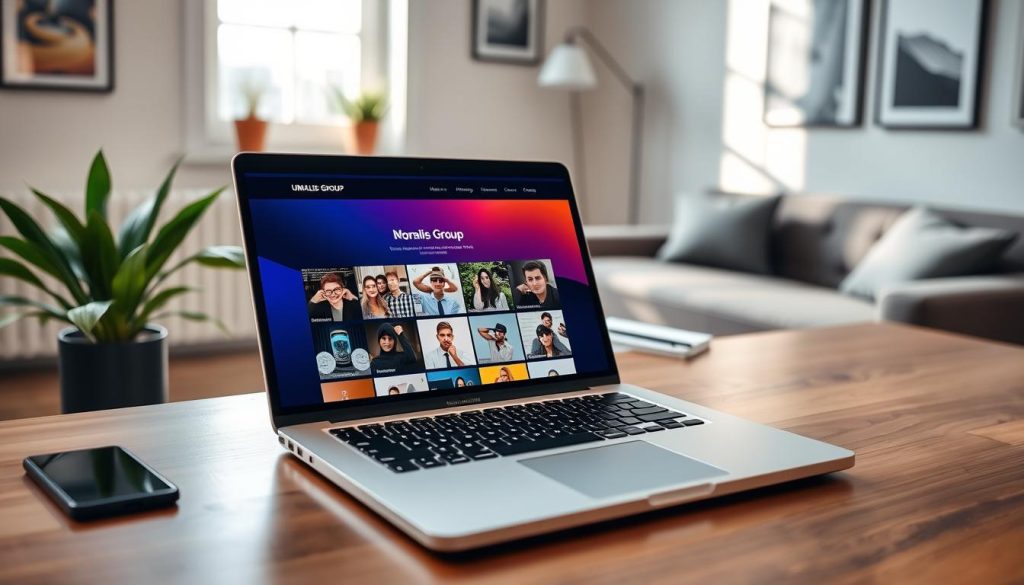 A modern portfolio website design displayed on a sleek laptop screen, placed on a stylish wooden desk. In the foreground, the laptop shows a visually appealing homepage with vibrant colors, showcasing a grid of project thumbnails and a professional logo for "Umalis Group." The middle ground features a comfortable workspace with a potted plant and minimalistic stationery, reflecting a creative yet professional atmosphere. In the background, a softly blurred wall with art pieces adds a touch of sophistication. Natural light streams in from a nearby window, creating a warm and inviting mood, while the overall angle gives a top-down view of the desk, emphasizing the importance of online presence in freelancing. The scene conveys inspiration and confidence for aspiring freelancers.