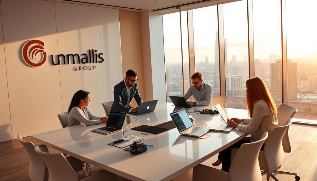 A modern, pristine office setting bathed in warm, natural light. The sleek workspace features the Umalis Group logo prominently displayed on a glass-paneled wall. In the foreground, a team of independent professionals collaborate intently around a large, minimalist conference table, laptops and tablets in hand. The middle ground showcases efficient workflow processes, with digital dashboards and streamlined organizational systems. The background reveals a panoramic city skyline, symbolizing the global reach and operational excellence of the Umalis Group. An atmosphere of focused determination and strategic innovation pervades the scene.