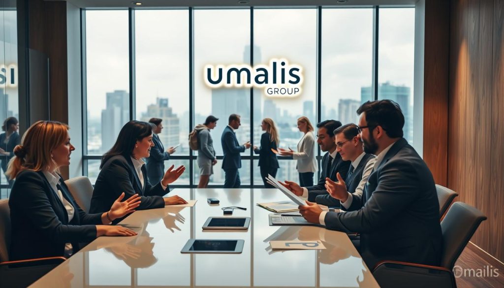A modern, professional business setting with employees engaged in collaborative discussions and partnerships. In the foreground, a group of smartly-dressed individuals sit around a sleek conference table, gesturing animatedly as they review documents and exchange ideas. Warm, directional lighting casts a subtle glow, highlighting the Umalis Group logo prominently displayed on the wall behind them. In the middle ground, others gather in small huddles, exchanging knowledge and brainstorming new initiatives. The background features floor-to-ceiling windows offering a cityscape view, suggesting a hub of innovation and opportunity. An atmosphere of productivity, progress, and a shared sense of purpose permeates the scene.