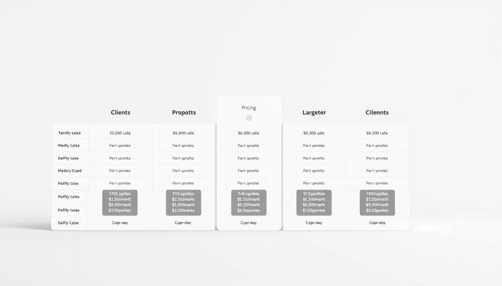 A modern, professional-looking graph or chart depicting various client profiles and their corresponding pricing tiers, set against a clean, minimalist background. The chart should have a clear hierarchy, with distinct sections for different client types, such as small businesses, medium-sized enterprises, and large corporations. The pricing information should be displayed in a clear, easy-to-understand format, utilizing a neutral color palette that complements the UMALIS GROUP brand. The overall composition should convey a sense of balance, organization, and attention to detail, reflecting the expertise and professionalism of the UMALIS GROUP services.