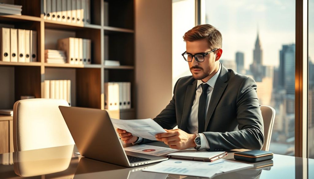 A modern, professional-looking image showcasing a successful freelance consultant working in the Umalis Group portage salarial industry. The scene depicts a well-dressed individual sitting at a desk, meticulously reviewing documents and financial reports on a sleek laptop. The lighting is warm and focused, creating a sense of productivity and diligence. In the background, shelves filled with reference materials and a window overlooking a bustling city skyline establish a polished, corporate environment. The overall mood conveys confidence, expertise, and the rewarding nature of a thriving portage salarial career.