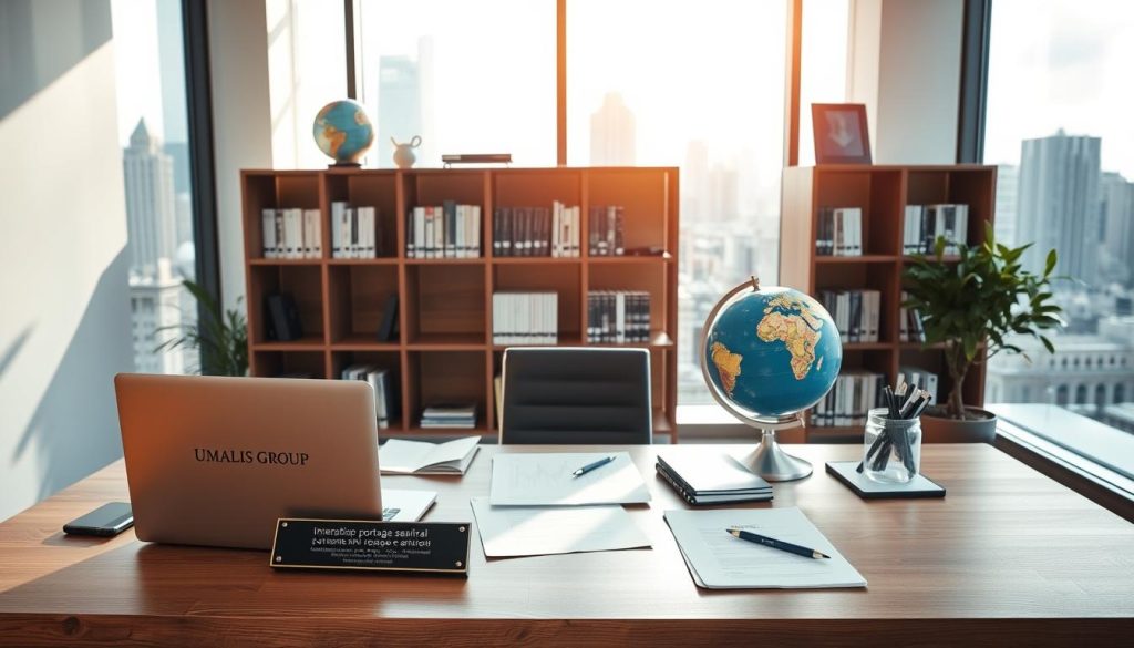 A modern, professional-looking office interior, bathed in warm, natural lighting from large windows. In the foreground, a wooden desk with a laptop, documents, and a "Umalis Group" logo plaque. Atop the desk, a globe and various international business accessories, hinting at the "international portage salarial" theme. In the middle ground, a sleek, minimalist bookshelf filled with business publications. The background showcases city skyline views, conveying a sense of global connectivity. The overall atmosphere is one of efficiency, collaboration, and international business opportunities.