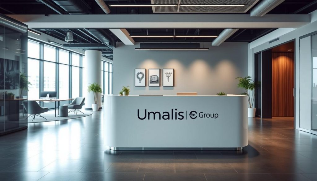 A modern, professional-looking office interior with a focus on the "Umalis Group" brand. The foreground features a sleek, minimalist reception desk with the Umalis Group logo prominently displayed. The middle ground shows a bright, airy workspace with contemporary furniture and decor, conveying a sense of productivity and collaboration. The background includes large windows allowing natural light to flood the space, and subtle branding elements like framed art or signage reinforce the Umalis Group identity. The overall mood is one of sophistication, innovation, and a nurturing environment for specialized talent in the portage salarial industry.