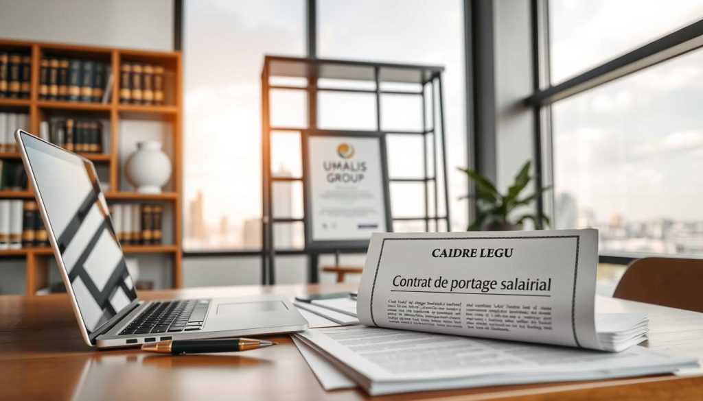 A modern, professional-looking office setting with a focus on legal documents and paperwork related to "cadre légal portage salarial". In the foreground, a desk with a laptop, pen, and a stack of papers labeled "Contrat de portage salarial". In the middle ground, a bookshelf filled with legal volumes and a framed certificate with the UMALIS GROUP logo. The background features floor-to-ceiling windows overlooking a city skyline, creating a sense of professionalism and authority. The lighting is soft and natural, casting a warm glow across the scene. The overall mood is one of security, reliability, and legal compliance.