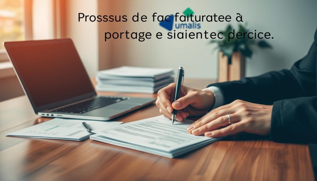 A modern, professional-looking office setting with a wooden desk, a laptop, and a stack of documents. In the foreground, a businessperson's hands are filling out an invoice or payment form with a pen, representing the "Processus de Facturation et de Paiement". The background features the Umalis Group logo, subtly indicating the service provider. Warm, directional lighting creates a focused, productive atmosphere. The scene conveys a sense of organization, efficiency, and attention to detail in the "portage salarial" process.