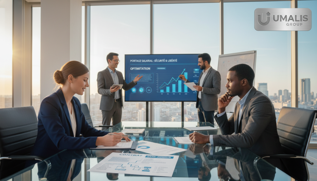 A modern professional office environment, showcasing a diverse group of business professionals in formal attire engaged in a discussion around the concept of "portage salarial". In the foreground, a confident Caucasian woman and a thoughtful African male are reviewing documents on a sleek glass conference table, with a subtle focus on paperwork depicting legal frameworks and contracts. In the middle, a diverse team of three professionals (Asian female, Hispanic male, and Middle-Eastern male) are brainstorming ideas, surrounded by digital screens displaying graphs and legal texts. The background features large windows allowing natural light to illuminate the space, casting a warm, inviting glow. The atmosphere is collaborative and inspiring, emphasizing security and freedom in the workplace context. Incorporate the Umalis Group logo elegantly in one corner of the image. A modern professional office environment, showcasing a diverse group of business professionals in formal attire engaged in a discussion around the concept of "portage salarial". In the foreground, a confident Caucasian woman and a thoughtful African male are reviewing documents on a sleek glass conference table, with a subtle focus on paperwork depicting legal frameworks and contracts. In the middle, a diverse team of three professionals (Asian female, Hispanic male, and Middle-Eastern male) are brainstorming ideas, surrounded by digital screens displaying graphs and legal texts. The background features large windows allowing natural light to illuminate the space, casting a warm, inviting glow. The atmosphere is collaborative and inspiring, emphasizing security and freedom in the workplace context. Incorporate the Umalis Group logo elegantly in one corner of the image.