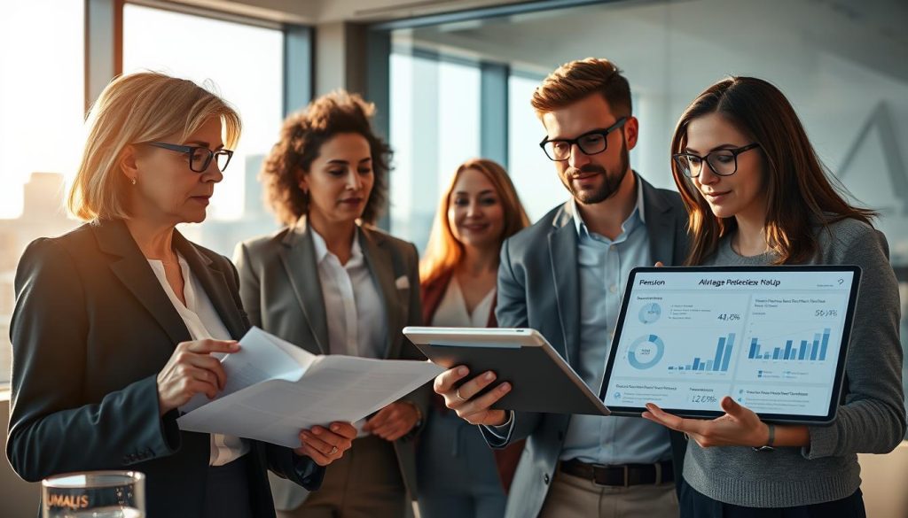 A modern, professional office environment showcasing a group of diverse individuals engaged in discussions about retirement rights related to "portage salarial." In the foreground, a middle-aged woman in business attire is analyzing documents, looking thoughtful. To her side, a young man in smart casual clothing is presenting data on a digital tablet, depicting graphs and statistics related to pension impacts. In the background, a large window reveals a cityscape, suggesting a bright future. The lighting is warm and welcoming, creating an optimistic atmosphere, with soft highlights illuminating the faces of the individuals. The image subtly incorporates the branding “UMALIS GROUP” through a branded element in the office design, like a logo on a wall or item on the desk.