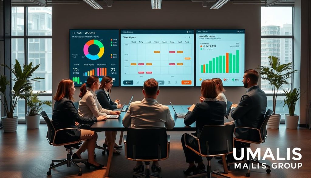 A modern, professional office environment showcasing a large wall-mounted digital display. In the foreground, a diverse team of business professionals dressed in smart casual attire are gathered around a sleek conference table, intently studying colorful, interactive graphs and charts that detail work hours and productivity metrics. The middle ground features a large calendar planner with marked days, illustrating a blend of workdays and non-billable hours. In the background, soft natural lighting floods in through large windows, creating an uplifting atmosphere. Subtle elements like potted plants and contemporary decor enhance the workspace ambiance. The overall mood is focused yet collaborative, emphasizing the importance of tracking time effectively. At the bottom right corner, the logo of "UMALIS GROUP" is subtly placed without detracting from the image's focus.