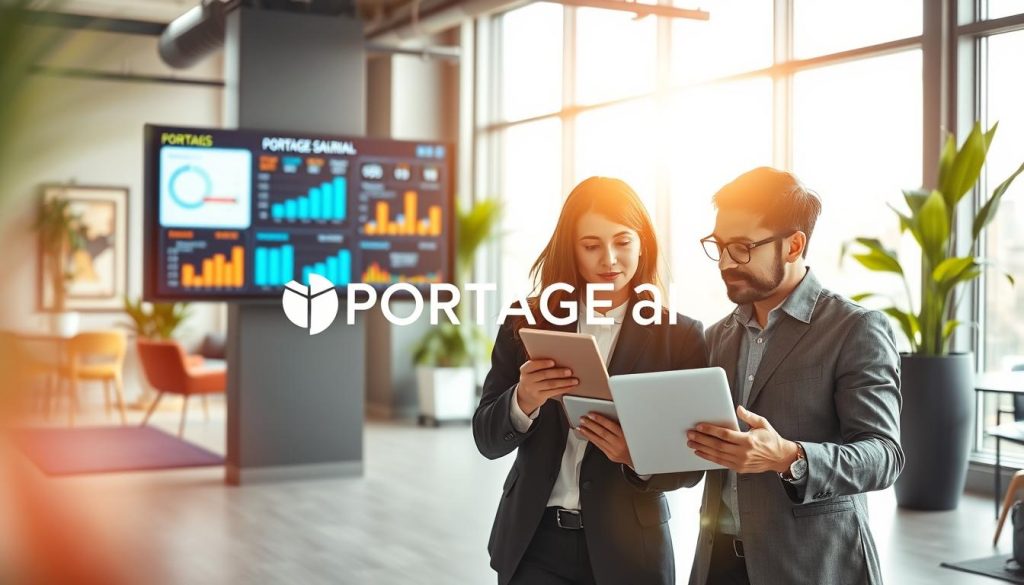 A modern, professional office environment showcasing data analysis in action, with a focus on portage salarial. In the foreground, a diverse group of two business professionals—one woman and one man—are analyzing graphs and charts on a sleek laptop and digital tablet. They are dressed in professional attire, reflecting a serious and collaborative atmosphere. In the middle ground, a large digital screen displays dynamic visualizations of data, showcasing metrics related to portage salarial. The background features an open workspace with modern furniture, bright natural light streaming through large windows, and plants adding a touch of green. The image should convey a sense of innovation and intelligence, with a soft focus to emphasize the teamwork and technology involved in data analysis. The brand name "PORTAGE AI" should be subtly incorporated into the data visualizations.