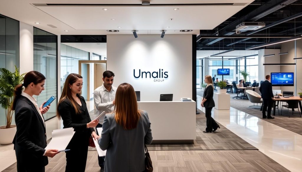 A modern, professional office environment showcasing the range of services offered by Umalis Group's staff leasing solutions. In the foreground, knowledgeable employees assist clients with laptops and documents, conveying the expertise and personalized support. The middle ground features a sleek, minimalist reception area with the Umalis Group logo prominently displayed. The background depicts an airy, well-lit workspace with collaborative meeting spaces and state-of-the-art technology, highlighting the company's commitment to empowering its clients' success. The overall scene exudes a sense of efficiency, innovation, and a deep understanding of the needs of the modern workforce.