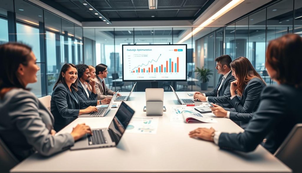 A modern, professional office environment with a focus on financial optimization and reducing administrative tasks. In the foreground, a diverse group of business professionals in neat business attire is engaged in a discussion around a conference table filled with laptops and financial documents. In the middle, a large screen displays graphs and charts illustrating revenue growth and streamlined processes. The background features a sleek office space with glass walls, ambient lighting, and city skyline views through large windows, creating a sense of openness and collaboration. The mood is optimistic and productive, emphasizing teamwork and innovation in consulting. The overall lighting is bright and inviting, with a slight depth of field effect to draw attention to the figures in the foreground. A modern, professional office environment with a focus on financial optimization and reducing administrative tasks. In the foreground, a diverse group of business professionals in neat business attire is engaged in a discussion around a conference table filled with laptops and financial documents. In the middle, a large screen displays graphs and charts illustrating revenue growth and streamlined processes. The background features a sleek office space with glass walls, ambient lighting, and city skyline views through large windows, creating a sense of openness and collaboration. The mood is optimistic and productive, emphasizing teamwork and innovation in consulting. The overall lighting is bright and inviting, with a slight depth of field effect to draw attention to the figures in the foreground.