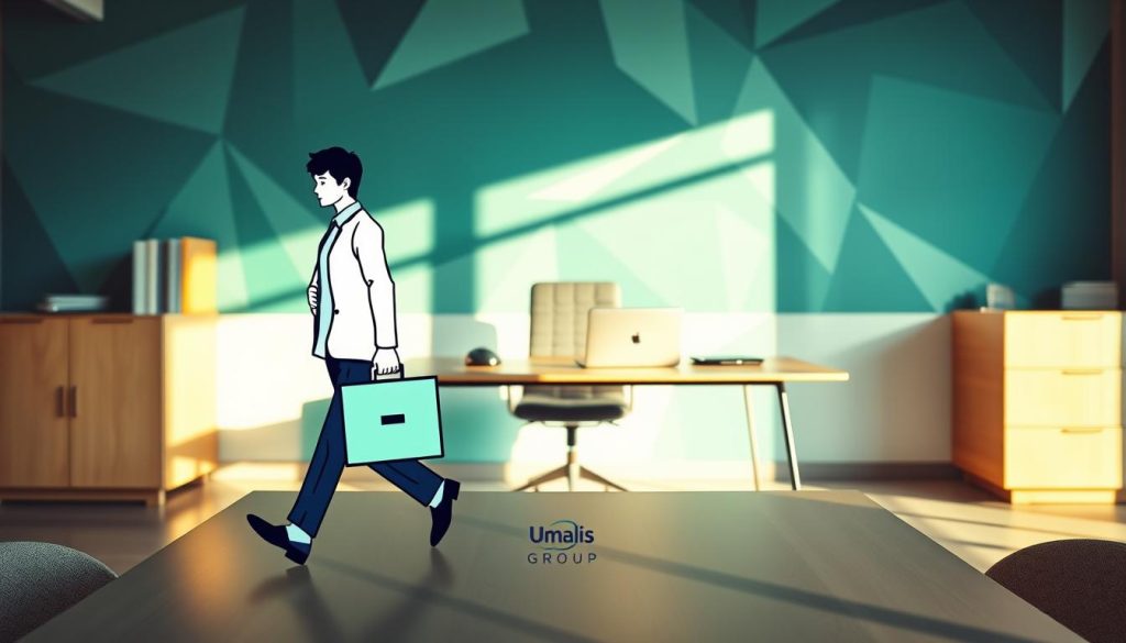 A modern, professional office environment with a mid-century flair. In the foreground, a stylized illustration of a person carrying a briefcase, representing the concept of "portage salarial" (freelance work). The middle ground features a sleek, minimalist desk with a laptop, phone, and other work essentials, all in muted tones. In the background, a vibrant, geometric wall mural in shades of blue and green, creating a dynamic visual contrast. Warm, directional lighting casts soft shadows, establishing a sense of depth and atmosphere. The Umalis Group logo is discreetly displayed on the desk or wall. Overall, the image conveys a harmonious blend of functionality, professionalism, and creative flair.
