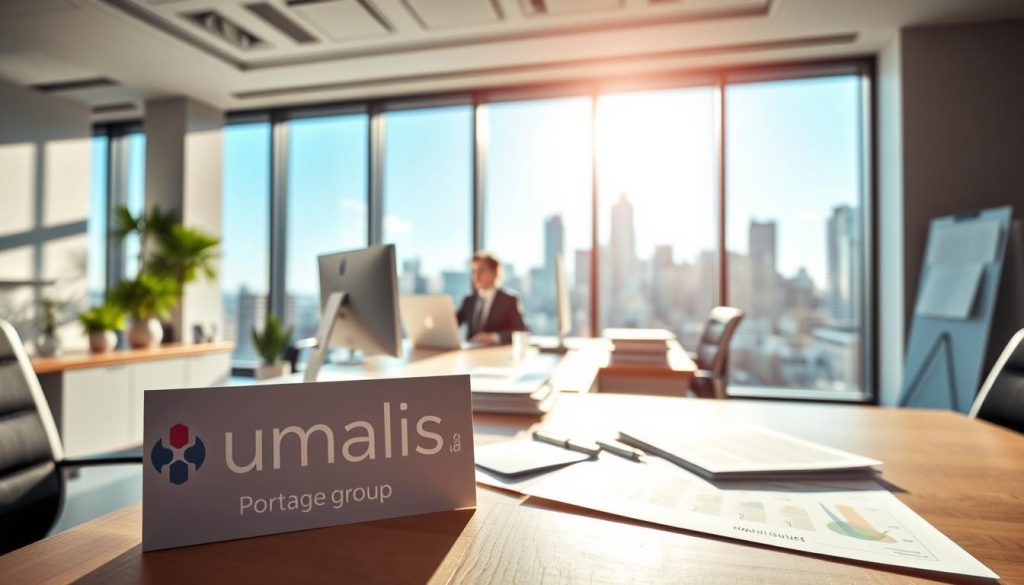 A modern, professional office interior with a desk, computer, and paperwork representing the administrative and managerial responsibilities of a "portage salarial" arrangement. The space is well-lit with natural light streaming in through large windows, creating a warm and productive atmosphere. In the foreground, the Umalis Group logo is prominently displayed on the desk, signifying the company's role in facilitating this employment model. The middle ground features a businessperson working diligently, while the background showcases the dynamic city skyline, symbolizing the flexibility and independence of this professional setup.
