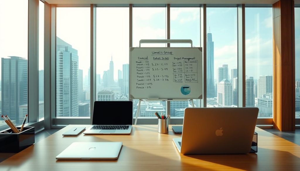 A modern, professional office interior with a sleek, minimalist design. In the foreground, a well-organized desk features a laptop, a desk organizer, and office supplies - all bearing the Umalis Group branding. The middle ground showcases a whiteboard displaying financial calculations and project management notes, while the background features floor-to-ceiling windows offering a panoramic view of a bustling city skyline. The lighting is soft and natural, creating a calm and productive atmosphere. The overall scene conveys a sense of efficiency, attention to detail, and the professionalism associated with the Umalis Group's salaried portage services.