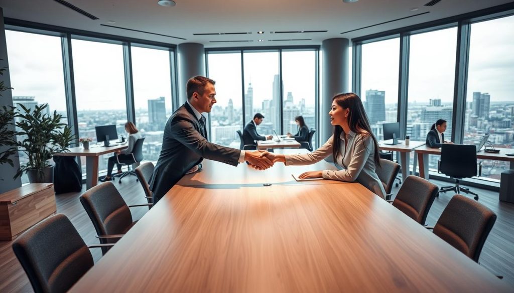 A modern, professional office interior with a warm, inviting atmosphere. In the foreground, two business people shake hands across a sleek, minimalist conference table, symbolizing the expertise and trust of the Umalis Group in the field of portage salarial. The middle ground features a team of consultants collaborating at their desks, conveying the depth of experience and collaborative nature of the Umalis Group's services. The background showcases floor-to-ceiling windows overlooking a bustling city skyline, emphasizing the company's established presence and prominence in the French market for over 20 years. Soft, directional lighting and a muted color palette of grays, whites, and accents of wood create a professional, sophisticated ambiance.