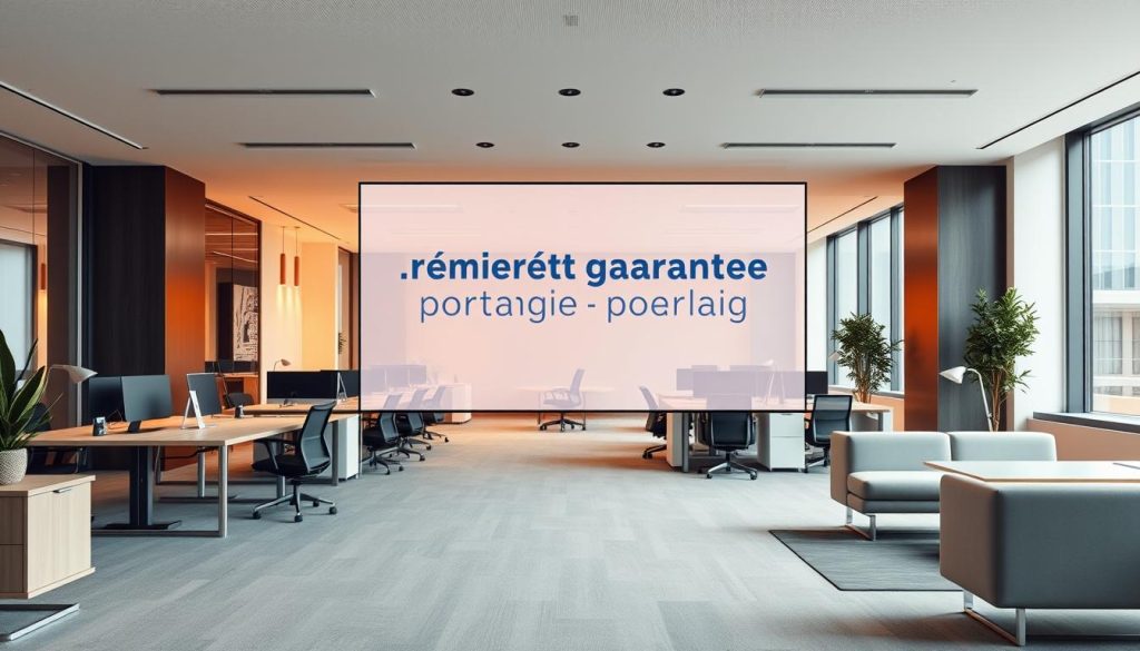 A modern, professional office interior with sleek, minimalist furniture and clean lines. In the foreground, a stylized graphic representation of "rémunération garantie portage salarial" prominently displayed on a large digital screen, showcasing the financial benefits of UMALIS GROUP's salaried portage services. The middle ground features neatly organized workstations and collaborative spaces, conveying a sense of productivity and efficiency. The background is illuminated by warm, natural lighting from floor-to-ceiling windows, creating a calm and inviting atmosphere. The overall scene exudes a tone of financial security, professionalism, and the advantages UMALIS GROUP's salaried portage solutions can provide to businesses.