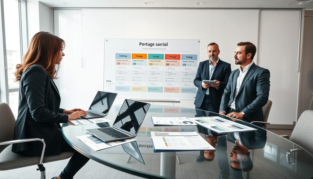 A modern, professional office scene showcasing "portage salarial" pricing models. In the foreground, a diverse group of three business professionals, including a woman with brown hair in a blazer and two men in smart suits, are engaged in a discussion around a sleek, glass table. On the table, there are laptops and documents with charts and graphs illustrating pricing options for portage salarial, featuring the brand name "Umalis Group." In the middle ground, a large whiteboard displays a colorful infographic summarizing various pricing models. The background is a bright, contemporary office with large windows letting in soft, natural light. The atmosphere is collaborative and focused, conveying professionalism and clarity in the financial discussion. The composition is captured with a wide-angle lens, emphasizing the dynamic interaction among the subjects.