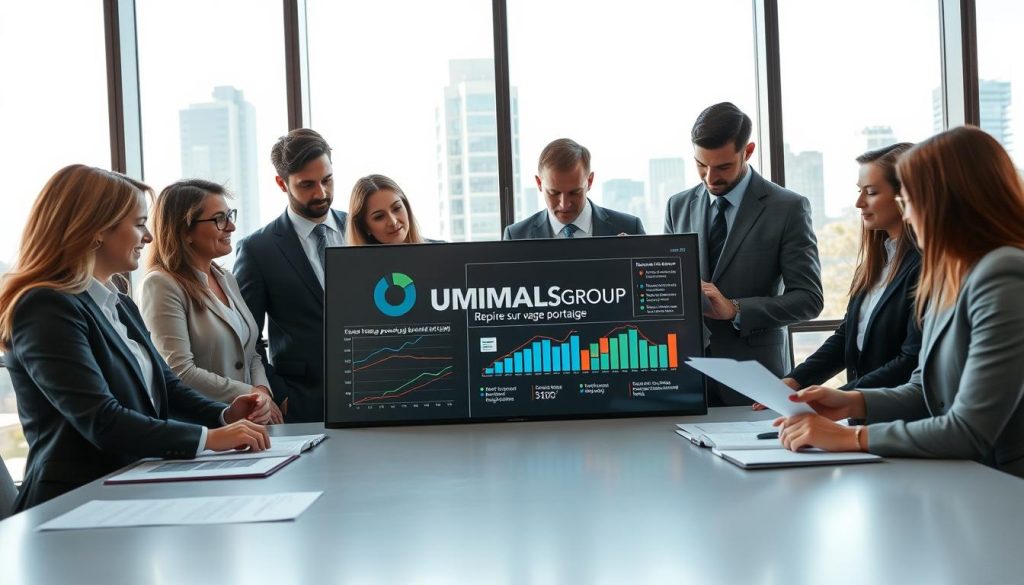A modern, professional office setting illustrating "Repères sur le portage salarial". In the foreground, a group of diverse professionals in business attire are engaged in a discussion around a large table, reviewing documents and a digital presentation. The middle ground features a sleek digital display showcasing graphs and trends related to wage portage, with the logo "UMALIS GROUP" prominently visible. The background showcases a cityscape through large windows, emphasizing a bright, optimistic atmosphere. Soft natural lighting enhances the scene, suggesting innovation and collaboration. The angle of the shot is slightly elevated, capturing the dynamics of the group while maintaining focus on the visuals of the project. The overall mood is one of professionalism, forward-thinking, and ambition, reflecting the essence of wage portage in 2027. A modern, professional office setting illustrating "Repères sur le portage salarial". In the foreground, a group of diverse professionals in business attire are engaged in a discussion around a large table, reviewing documents and a digital presentation. The middle ground features a sleek digital display showcasing graphs and trends related to wage portage, with the logo "UMALIS GROUP" prominently visible. The background showcases a cityscape through large windows, emphasizing a bright, optimistic atmosphere. Soft natural lighting enhances the scene, suggesting innovation and collaboration. The angle of the shot is slightly elevated, capturing the dynamics of the group while maintaining focus on the visuals of the project. The overall mood is one of professionalism, forward-thinking, and ambition, reflecting the essence of wage portage in 2027.