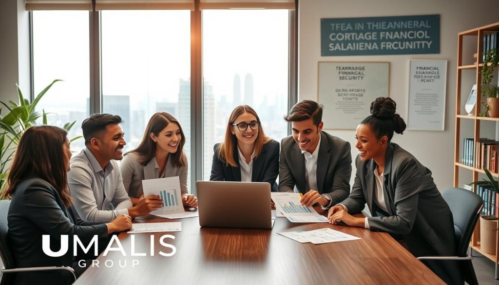 A modern, professional office setting in the foreground features a diverse group of smiling professionals dressed in business attire, engaging in a collaborative discussion around a conference table. They are reviewing documents and a laptop displaying graphs and charts related to financial security and stability. In the middle ground, a large window with a city skyline view brings in natural light, creating a warm and inviting atmosphere. The background showcases elements of a contemporary office, such as plants, bookshelves filled with financial literature, and motivational posters about teamwork and career growth. The image conveys a mood of professionalism, security, and optimism about the advantages of portage salarial in a cohesive workspace. The branding “UMALIS GROUP” is subtly integrated into the office decor, reinforcing identity without overwhelming the scene.