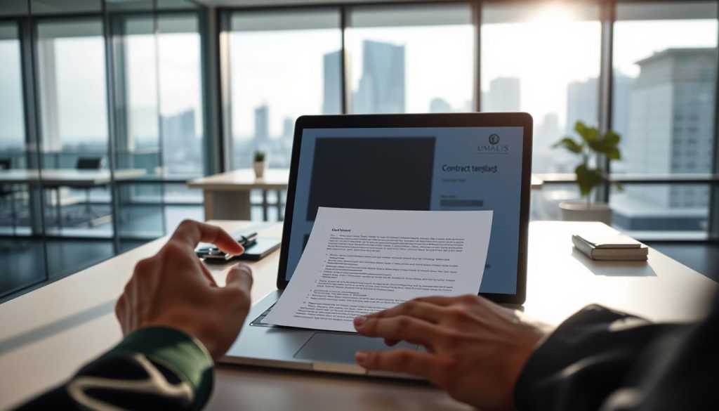 A modern, professional office setting with a Umalis Group contract template displayed on a sleek laptop. Soft, directional lighting illuminates the scene, casting subtle shadows. In the foreground, a businessperson's hands are shown carefully reviewing the contract, conveying a sense of focus and consideration. The middle ground features a minimalist desk setup with a few carefully placed office supplies, creating a sense of organization and efficiency. The background showcases a contemporary, glass-walled office environment with cityscape views, suggesting a successful, thriving business context. The overall atmosphere is one of professionalism, attention to detail, and the practical application of Umalis Group's contract templates in a real-world, corporate setting.