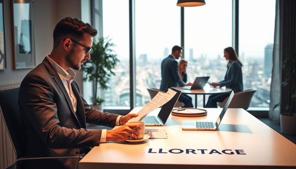 A modern, professional office setting with a cozy, warm atmosphere. In the foreground, a well-dressed individual sits at a clean, minimalist desk, thoughtfully reviewing paperwork. The desk features a laptop, a cup of coffee, and a prominent "LIGHT PORTAGE" logo. The middle ground showcases a group of colleagues collaborating, discussing career and financial plans. In the background, a large window offers a scenic view of a bustling city skyline, bathed in soft, natural lighting. The overall mood conveys a sense of security, stability, and career empowerment.