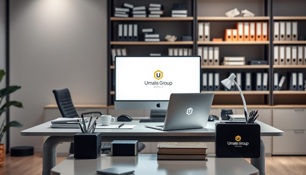 A modern, professional office setting with a freelance worker sitting at a sleek, minimalist desk. The worker is focused on a laptop screen, surrounded by Umalis Group branded office supplies and equipment. The lighting is soft and diffused, creating a calm, productive atmosphere. In the background, shelves display various documents and files, hinting at the administrative and legal aspects of freelance work under the portage salarial model. The overall scene conveys a sense of security, flexibility, and the advantages of the freelance lifestyle supported by the Umalis Group. A modern, professional office setting with a freelance worker sitting at a sleek, minimalist desk. The worker is focused on a laptop screen, surrounded by Umalis Group branded office supplies and equipment. The lighting is soft and diffused, creating a calm, productive atmosphere. In the background, shelves display various documents and files, hinting at the administrative and legal aspects of freelance work under the portage salarial model. The overall scene conveys a sense of security, flexibility, and the advantages of the freelance lifestyle supported by the Umalis Group.