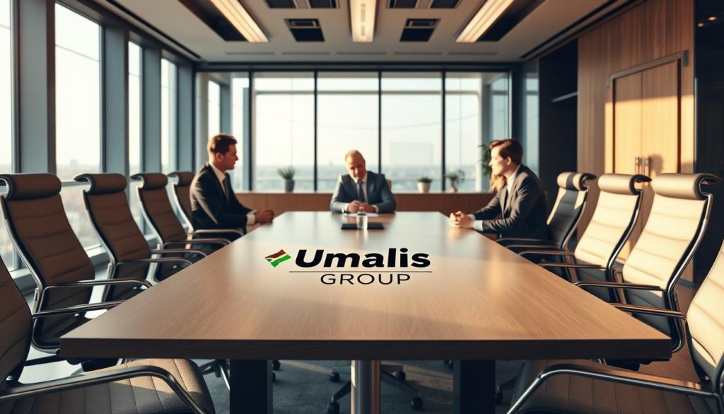 A modern, professional office setting with a large conference table surrounded by ergonomic chairs. The room is bathed in warm, natural lighting from floor-to-ceiling windows, creating a productive and collaborative atmosphere. On the table, the "Umalis Group" logo is prominently displayed, signifying a collective bargaining agreement or contract. Executives in business attire are engaged in a constructive discussion, their expressions conveying a sense of mutual understanding and compliance with industry regulations. The background features sleek, minimalist decor, complementing the overall sophisticated and secure ambiance of the scene.