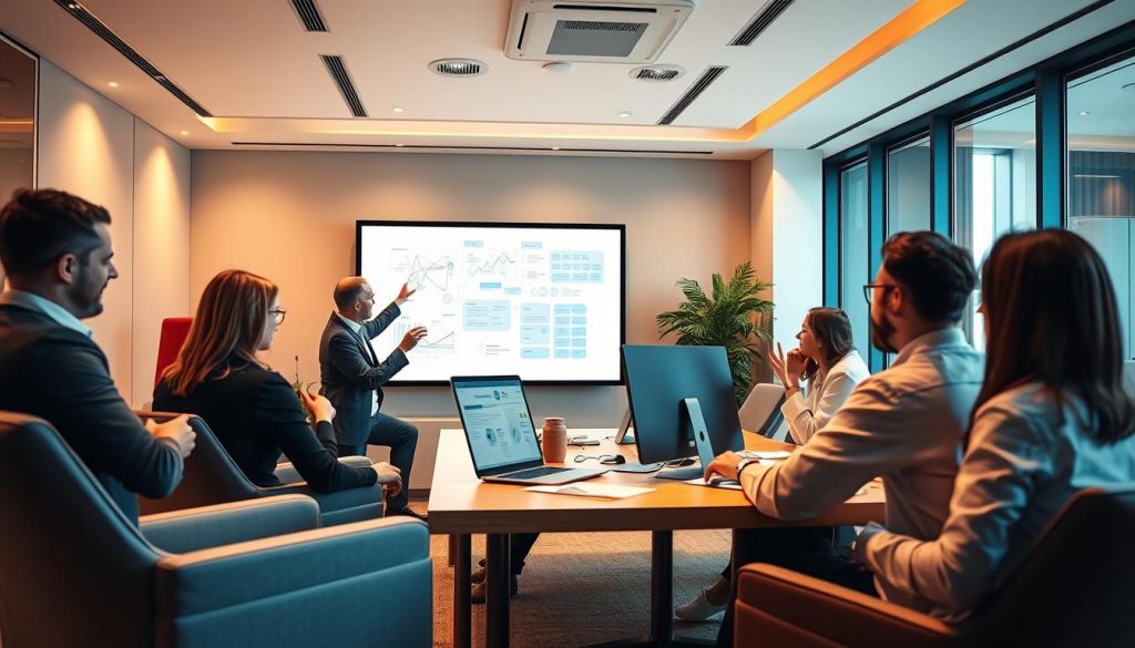 A modern, professional office setting with a team of digital communication consultants from the UMALIS GROUP collaborating on a project. The scene features a large, well-lit workspace with sleek furniture, multiple computer screens, and a whiteboard displaying diagrams and notes. The consultants are engaged in animated discussions, gesturing towards the screen and exchanging ideas. Warm, indirect lighting creates a productive, collaborative atmosphere. The overall composition conveys the advantages of the UMALIS GROUP's salaried employment model for communication professionals, highlighting efficiency, teamwork, and creative problem-solving.