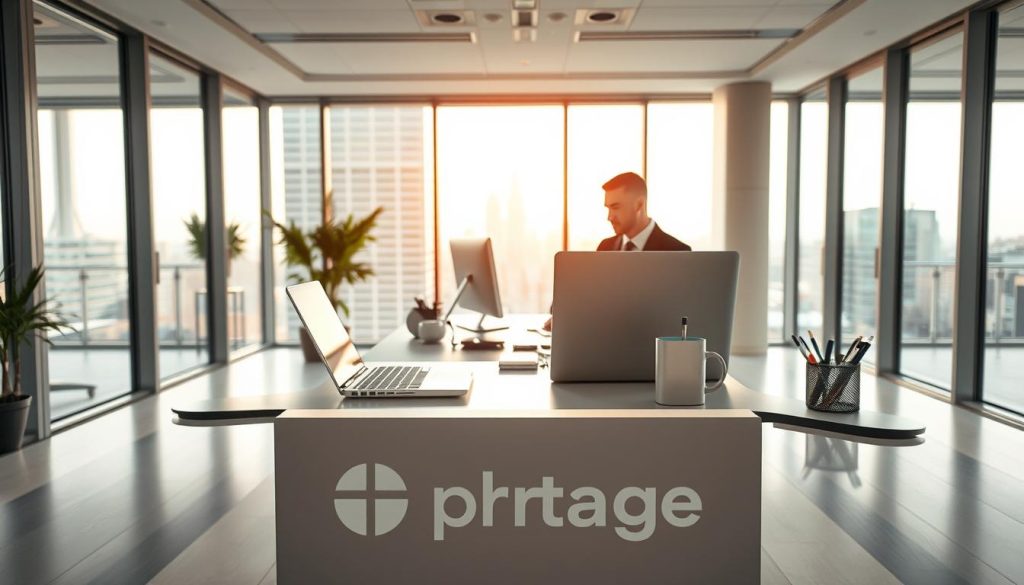 A modern, professional office setting with a well-lit, airy atmosphere. In the foreground, a desk featuring the "Light Portage" brand logo, showcasing a laptop, a tablet, and various stationery items. In the middle ground, a person dressed in business attire working at the desk, conveying the concept of "portage salarial". The background features floor-to-ceiling windows overlooking a cityscape, with a warm, soft lighting filtering through. The overall mood is one of productivity, professionalism, and the seamless integration of work and life.