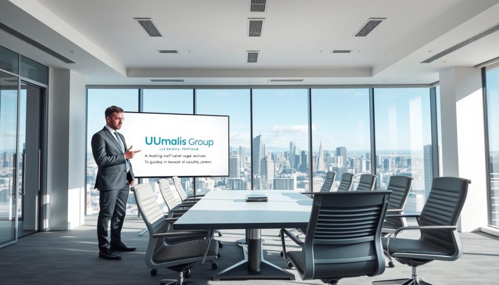 A modern, professional office setting with bright, airy lighting and clean lines. In the foreground, a well-dressed business consultant stands in front of a large display screen, presenting information about Umalis Group, a leading provider of salarial portage services. The middle ground features a conference table surrounded by ergonomic chairs, conveying a sense of collaboration and discussion. In the background, floor-to-ceiling windows offer a panoramic view of a bustling city skyline, symbolizing the diverse opportunities available through salarial portage. The overall atmosphere exudes confidence, expertise, and a commitment to guiding individuals towards successful consulting careers. A modern, professional office setting with bright, airy lighting and clean lines. In the foreground, a well-dressed business consultant stands in front of a large display screen, presenting information about Umalis Group, a leading provider of salarial portage services. The middle ground features a conference table surrounded by ergonomic chairs, conveying a sense of collaboration and discussion. In the background, floor-to-ceiling windows offer a panoramic view of a bustling city skyline, symbolizing the diverse opportunities available through salarial portage. The overall atmosphere exudes confidence, expertise, and a commitment to guiding individuals towards successful consulting careers.