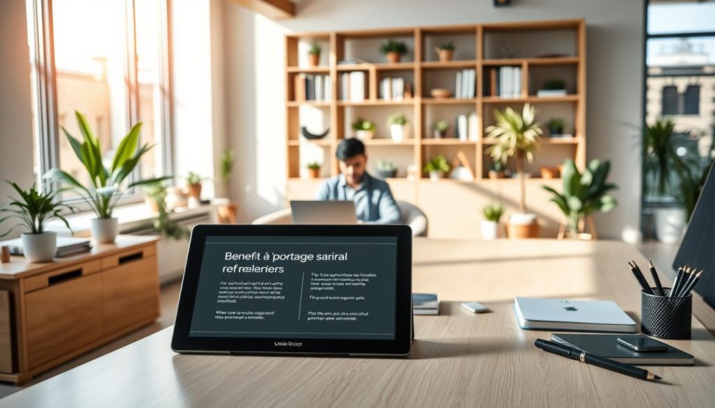 A modern, professional office setting with natural lighting streaming through large windows. In the foreground, a desk adorned with the Umalis Group logo and various office supplies. On the desk, a tablet displays information about the benefits of "portage salarial" for freelancers. In the middle ground, a freelancer sits comfortably, working intently on a laptop. The background features bookshelves, potted plants, and a sleek, minimalist decor that exudes a sense of productivity and success. The overall atmosphere is one of professionalism, comfort, and the empowerment that "portage salarial" can provide independent workers.