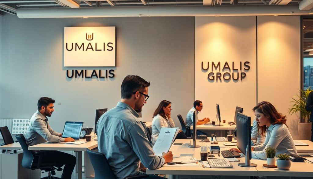 A modern, professional office setting with people working diligently at desks and computers, the UMALIS GROUP logo prominently displayed on the wall. The atmosphere is focused and productive, with warm lighting and clean, minimalist design elements. In the foreground, a consultant is discussing papers with a client, illustrating the role of the portage salarial company in facilitating flexible employment arrangements. The middle ground features employees collaborating on projects, while the background showcases an open, airy workspace with large windows overlooking a bustling city skyline.