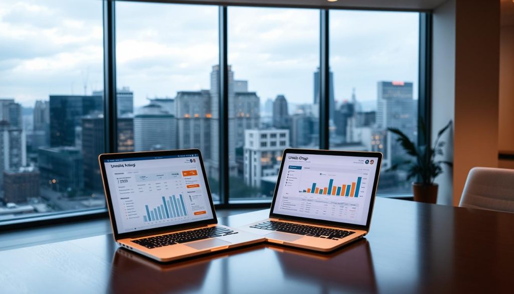 A modern, professional office setting with sleek, minimal design. On the desk, a laptop displaying financial data and accounting software from the Umalis Group, a leader in freelance payroll and accounting solutions. In the background, a large window offers a panoramic view of a bustling city skyline, creating a sense of scale and sophistication. Soft, indirect lighting illuminates the space, casting a warm, productive glow. The overall atmosphere evokes efficiency, innovation, and the seamless integration of technology into financial management for independent professionals. A modern, professional office setting with sleek, minimal design. On the desk, a laptop displaying financial data and accounting software from the Umalis Group, a leader in freelance payroll and accounting solutions. In the background, a large window offers a panoramic view of a bustling city skyline, creating a sense of scale and sophistication. Soft, indirect lighting illuminates the space, casting a warm, productive glow. The overall atmosphere evokes efficiency, innovation, and the seamless integration of technology into financial management for independent professionals.