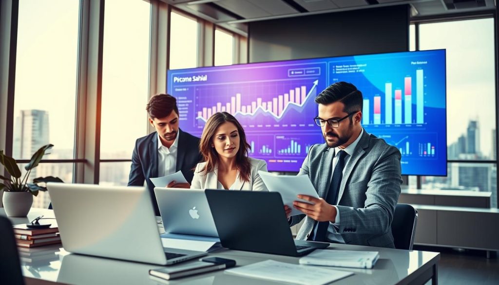 A modern, professional office space highlighting the theme of administrative management and income optimization. In the foreground, a diverse group of three professionals—two men and one woman—are engaged in a collaborative discussion, all dressed in smart business attire. They are surrounded by laptops and paperwork, symbolizing their focus on portage salarial. In the middle ground, a large digital screen displays financial charts and graphs, illustrating growth and efficiency. The background reveals a sleek, contemporary office with large windows showcasing a vibrant city skyline under soft natural lighting, creating an atmosphere of success and professional growth. The overall mood is focused and optimistic, reflecting the advantages of effective administrative management in the context of the article.
