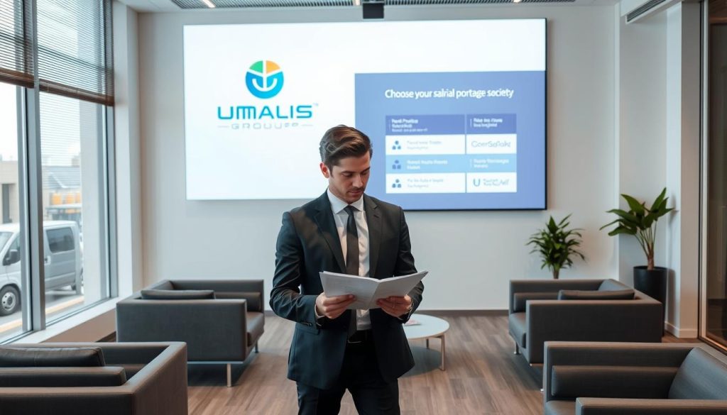 A modern, professional office space with a prominent Umalis Group logo displayed on the wall. The room is well-lit, with large windows and sleek, minimalist furniture. In the foreground, a business professional is examining documents, contemplating their options for a salarial portage service. The background features a projection screen displaying information about the different portage companies available, inviting the viewer to "choose their salarial portage society." The overall atmosphere conveys a sense of authority, expertise, and informed decision-making.