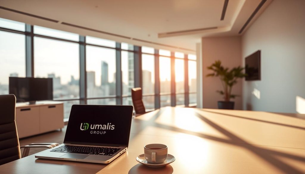 A modern, professional office space with sleek, minimal furnishings. In the foreground, a desk with a laptop, coffee mug, and the Umalis Group logo prominently displayed. Warm, directional lighting casts subtle shadows, creating a sense of depth and atmosphere. In the middle ground, a large window provides a view of a bustling city skyline, symbolizing the dynamic nature of the "portage salarial" industry. The background features clean, uncluttered walls, suggesting a secure, stable, and well-organized work environment. The overall scene conveys a sense of reliability, professionalism, and legal protection for the "portage salarial" business activities.