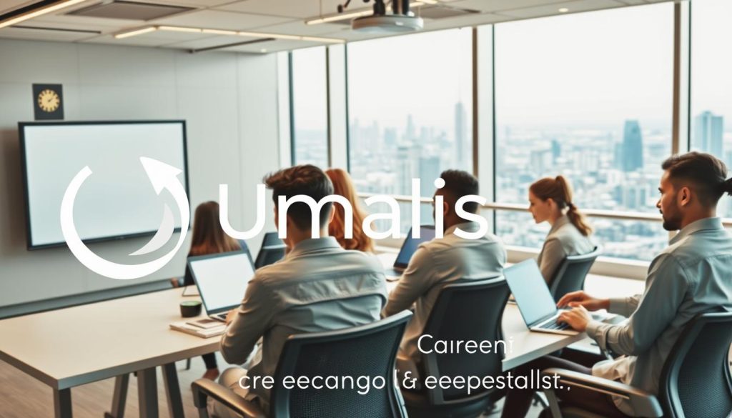 A modern professional training and development environment with the Umalis Group logo prominently displayed. In the foreground, a group of diverse office workers actively engaged in a collaborative learning session, using laptops and digital whiteboards. The middle ground features a sleek, well-equipped training room with ergonomic furniture and state-of-the-art audiovisual equipment. The background showcases a panoramic view of a bustling city skyline, emphasizing the progressive and dynamic nature of the Umalis Group's approach to career development and upskilling. The lighting is warm and inviting, creating an atmosphere of productivity and innovation.