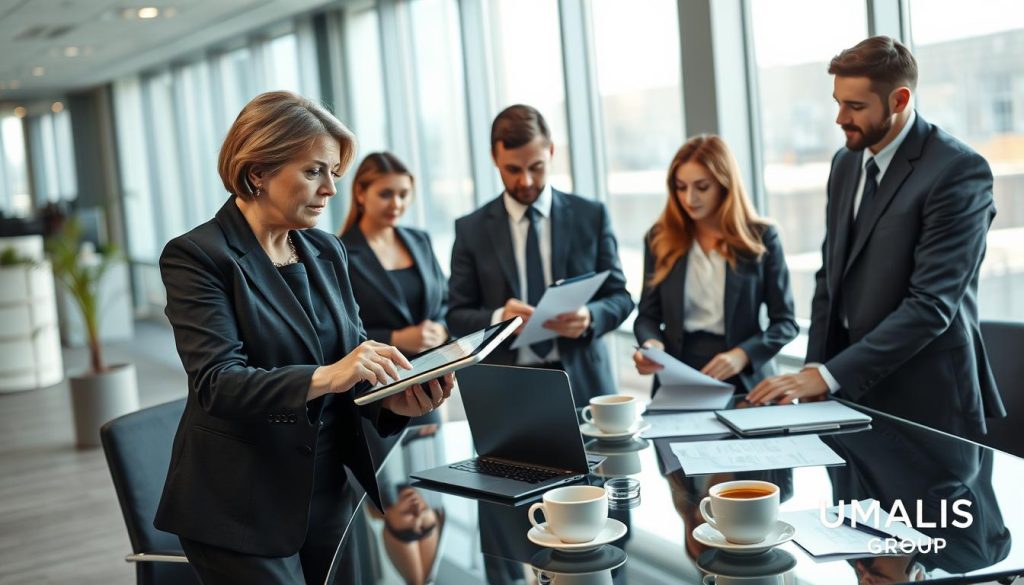 A modern, professional workspace depicting a diverse group of business individuals engaged in a discussion about "portage salarial." In the foreground, a middle-aged woman in smart business attire points to a digital tablet, illustrating key advantages and drawbacks, her expression focused and thoughtful. Beside her, a young man in a suit takes notes, showcasing active engagement. The middle ground features a sleek glass table with documents, laptops, and coffee cups, conveying a collaborative atmosphere. The background reveals a contemporary office space with large windows, allowing soft natural light to illuminate the scene, creating a warm and inviting mood. The brand "UMALIS GROUP" subtly incorporated into the office design, enhancing the professional setting while ensuring the image remains entirely free from text and overlays.