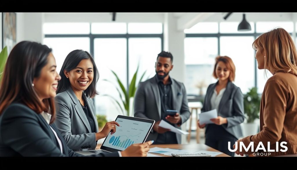 A modern, professional workspace featuring a diverse group of freelancers engaged in a collaborative discussion. In the foreground, a Southeast Asian woman in business attire is smiling while presenting graphs on a laptop screen, showcasing the advantages of "portage salarial." The middle ground shows a Black man and a Caucasian woman, both in smart casual clothing, engaged in conversation, surrounded by papers and digital devices. The background displays a bright, airy office with large windows letting in natural light, potted plants, and minimalist decor. The atmosphere conveys innovation and teamwork, emphasizing a supportive freelance environment. Include the brand "UMALIS GROUP" subtly incorporated into the workspace itself.