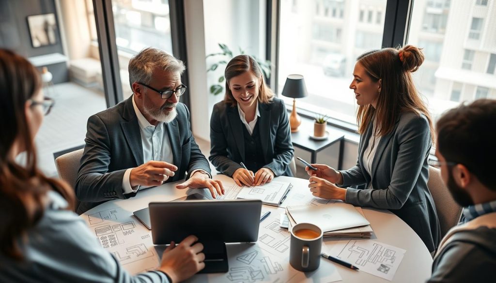 A modern professional workspace featuring a diverse group of individuals engaged in a discussion about "portage salarial." In the foreground, a middle-aged man in a smart business attire shares his experiences, gesturing towards a laptop displaying design projects. Beside him, a young woman in casual business attire takes notes, listening attentively. The middle ground features a round table cluttered with design sketches and coffee mugs, creating a collaborative atmosphere. In the background, large windows let in natural light, illuminating the room with a warm glow. The overall mood is one of enthusiasm and innovation, emphasizing teamwork and shared experiences in the realm of web design. Capture the scene with a slight overhead angle to provide a comprehensive view.