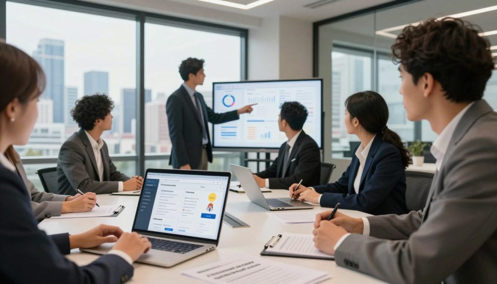 A modern professional workspace featuring a diverse group of individuals in business attire, collaborating around a large conference table. The foreground shows a laptop with a dynamic project management interface open, and documents detailing client missions. In the middle ground, there are two professionals engaged in conversation, one pointing to data on a shared screen, emphasizing teamwork and communication. The background includes a glass wall displaying a skyline view, showcasing a vibrant city atmosphere that suggests networking opportunities. Soft natural lighting illuminates the space, creating a warm and inviting atmosphere, while the lens captures a slightly elevated angle for a comprehensive perspective. The mood is focused and cooperative, reflecting the importance of building credibility and connection in client relations.