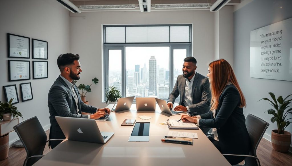 A modern, professional workspace filled with natural light. In the foreground, a diverse group of three professionals, two men and one woman, are engaged in a discussion around a sleek conference table, showcasing a mix of ethnicities. They are dressed in smart casual business attire, surrounded by laptops, notepads, and strategic charts. In the middle ground, an open window reveals a view of a bustling cityscape, symbolizing opportunity and growth. In the background, framed certificates and motivational quotes line the walls, suggesting expertise and ambition. The atmosphere is collaborative and inspiring, with soft, warm lighting emphasizing a sense of innovation and productivity. The image should convey a feeling of optimism and professional development in the context of optimizing activities in portage salarial. A modern, professional workspace filled with natural light. In the foreground, a diverse group of three professionals, two men and one woman, are engaged in a discussion around a sleek conference table, showcasing a mix of ethnicities. They are dressed in smart casual business attire, surrounded by laptops, notepads, and strategic charts. In the middle ground, an open window reveals a view of a bustling cityscape, symbolizing opportunity and growth. In the background, framed certificates and motivational quotes line the walls, suggesting expertise and ambition. The atmosphere is collaborative and inspiring, with soft, warm lighting emphasizing a sense of innovation and productivity. The image should convey a feeling of optimism and professional development in the context of optimizing activities in portage salarial.