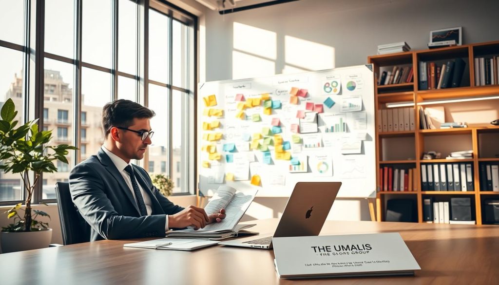 A modern, professional workspace filled with sunlight streaming through large windows. In the foreground, a consultant in smart business attire, seated at a sleek desk, is intently reviewing documents and notes on a laptop, surrounded by various charts and graphs showcasing service offerings. In the middle ground, a large whiteboard filled with colorful sticky notes and brainstorming ideas related to service preparation. In the background, a bookshelf filled with business books and organizational tools, enhancing the workspace feel. The mood is focused and productive, with warm lighting creating an inviting atmosphere. The Umalis Group logo subtly displayed on a brochure on the desk. A modern, professional workspace filled with sunlight streaming through large windows. In the foreground, a consultant in smart business attire, seated at a sleek desk, is intently reviewing documents and notes on a laptop, surrounded by various charts and graphs showcasing service offerings. In the middle ground, a large whiteboard filled with colorful sticky notes and brainstorming ideas related to service preparation. In the background, a bookshelf filled with business books and organizational tools, enhancing the workspace feel. The mood is focused and productive, with warm lighting creating an inviting atmosphere. The Umalis Group logo subtly displayed on a brochure on the desk.