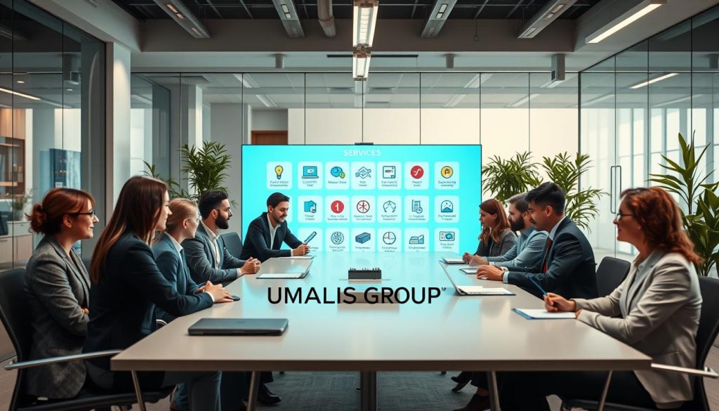 A modern, professional workspace illustrating various services eligible under the "portage salarial" framework. In the foreground, diverse professionals in business attire engage in discussions around a sleek conference table. In the middle, a large digital display shows infographics of services and sectors eligible for independent professionals, with icons representing different industries. The background features a contemporary office with glass walls and plants, fostering a collaborative atmosphere. Soft lighting creates a warm, inviting mood, while a wide-angle perspective captures the dynamic flow of interaction. The brand name "UMALIS GROUP" is subtly integrated into the conference room's design, ensuring it enhances the scene without drawing attention away from the professionals and the concept of eligible services. A modern, professional workspace illustrating various services eligible under the "portage salarial" framework. In the foreground, diverse professionals in business attire engage in discussions around a sleek conference table. In the middle, a large digital display shows infographics of services and sectors eligible for independent professionals, with icons representing different industries. The background features a contemporary office with glass walls and plants, fostering a collaborative atmosphere. Soft lighting creates a warm, inviting mood, while a wide-angle perspective captures the dynamic flow of interaction. The brand name "UMALIS GROUP" is subtly integrated into the conference room's design, ensuring it enhances the scene without drawing attention away from the professionals and the concept of eligible services.