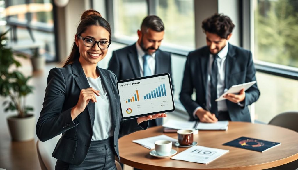 A modern, professional workspace setting featuring diverse individuals engaged in collaborative discussions. In the foreground, a confident woman in smart business attire presents a laptop showing graphs and charts illustrating financial growth and personalized services. Beside her, a man in a tailored suit takes notes on a notepad, showcasing attentiveness. In the middle ground, a round table with documents and coffee cups exudes a collaborative atmosphere. The background features large windows letting in natural light, creating a bright and inviting environment. Soft, warm lighting enhances a sense of professionalism and approachability, while a subtle blur on the background adds depth. The overall mood is focused and inspiring, reflecting personalized support in professional development. A modern, professional workspace setting featuring diverse individuals engaged in collaborative discussions. In the foreground, a confident woman in smart business attire presents a laptop showing graphs and charts illustrating financial growth and personalized services. Beside her, a man in a tailored suit takes notes on a notepad, showcasing attentiveness. In the middle ground, a round table with documents and coffee cups exudes a collaborative atmosphere. The background features large windows letting in natural light, creating a bright and inviting environment. Soft, warm lighting enhances a sense of professionalism and approachability, while a subtle blur on the background adds depth. The overall mood is focused and inspiring, reflecting personalized support in professional development.